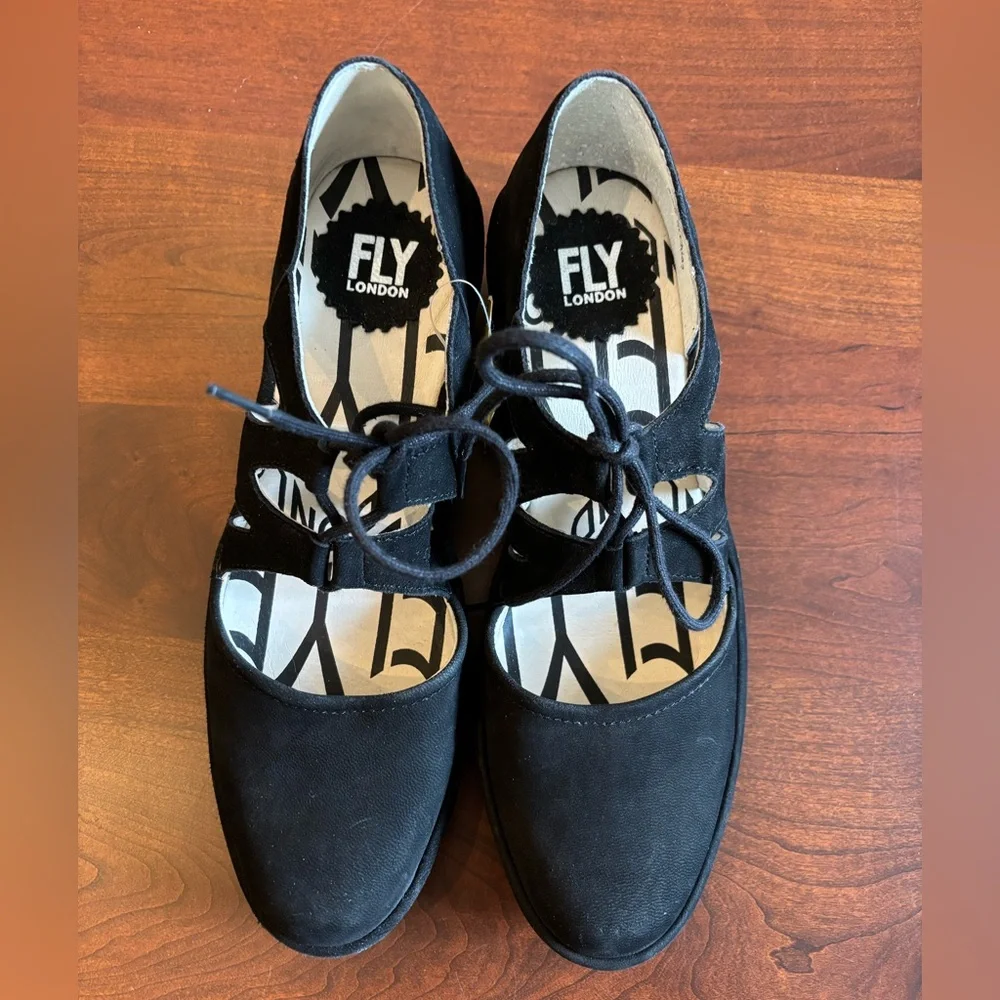 SALE 🔥 Fly London Wedge Suede Leather Black Lace Up Dress Shoes, Poma,Women’s 38 - Picture 2 of 16